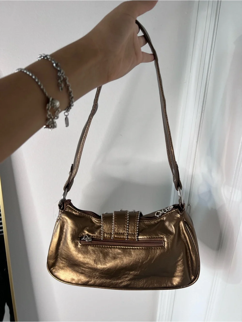 Fleur de Lis shoulder bag Metallic Bronze Shoulder Bag with Jeweled Fleur-de-Lis